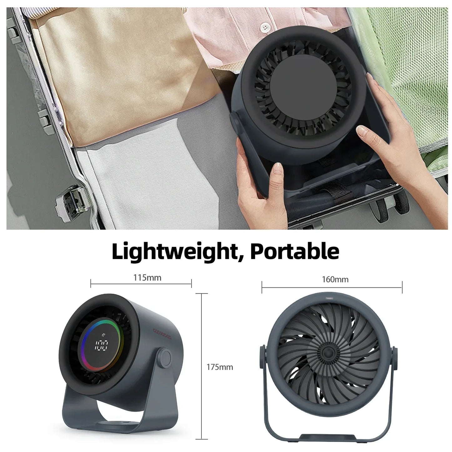 GOOJODOQ Desktop Fan 4000mAh Silent Adjustable Speed Air Circulation Fan 100 Speeds with Digital Display Wall Mountable