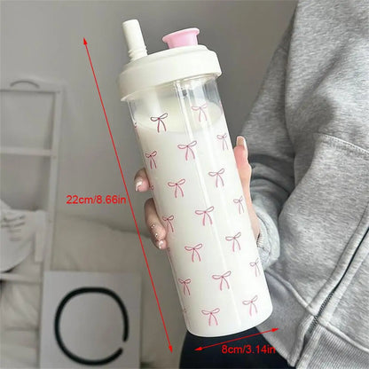 Cute Pink Bow Straw Water Bottle Fashionable Travel Safe Odorless Large-capacity Portable Water Bottle For Travel