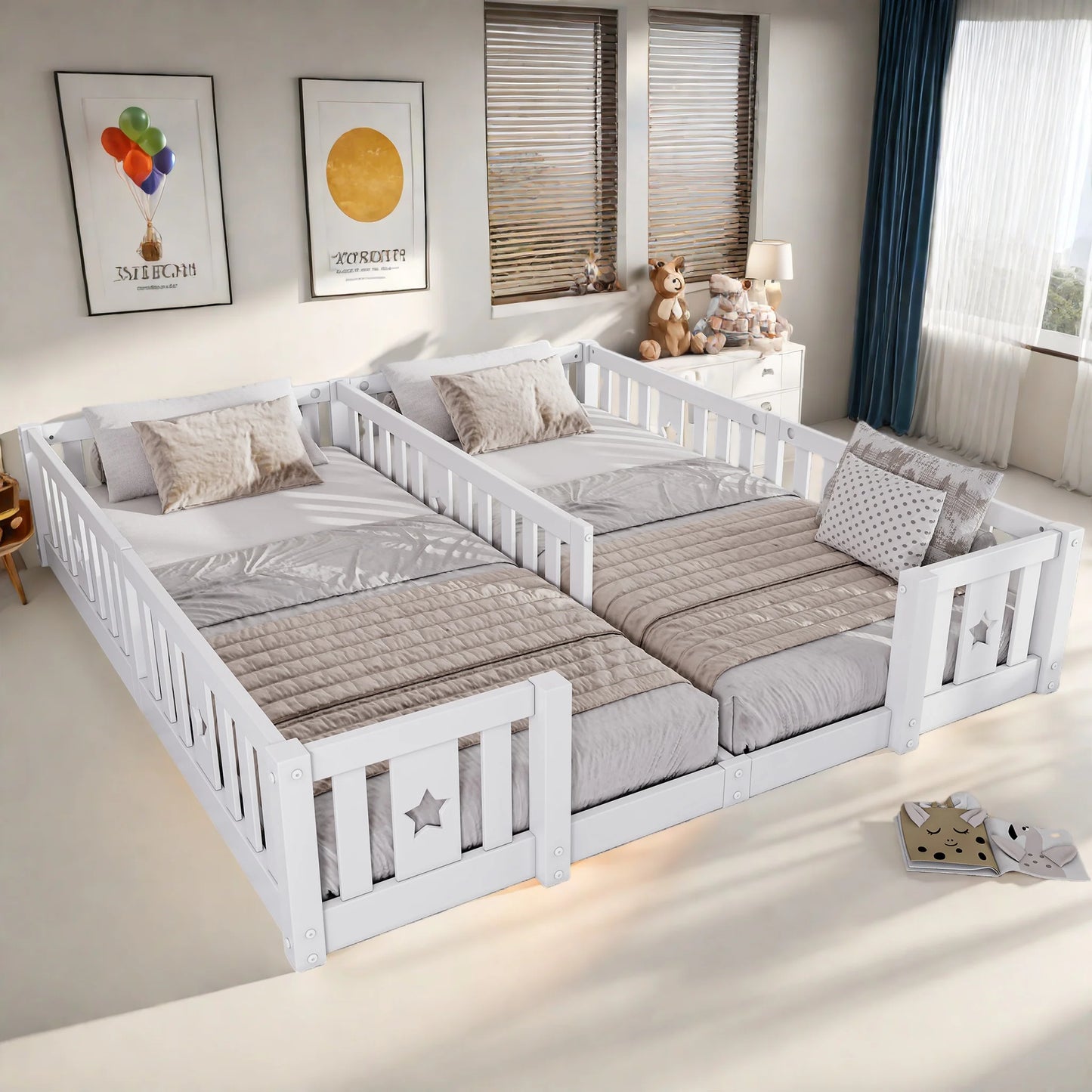 Rosahqnda Children's Bed Floor Bed 90x200cm with Railing Gate,Pine Wooden Bed for Families with 2 Children,Children's Twin Bed