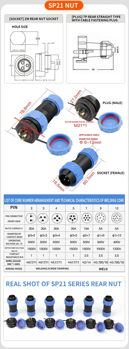 SP17 IP68 2 3 4 5 7 9 Pin Waterproof Connector Cable Adapter  Industrial Panel Mount Wire Connector Plug