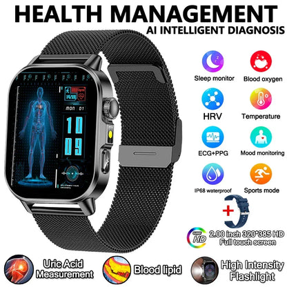 2026 New Model Uric Acid & Lipid Health Analysis Smart Watch Men ECG+PPG Bluetooth Call 2.01-inch Flashlight Smartwatch Women