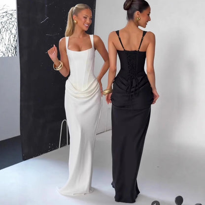 CHNMR Sexy Backless Ruched Maxi Dress for Women U-neck Sleeveless Bandage Bodycon Black Long Dresses Lady Evening Party Gown