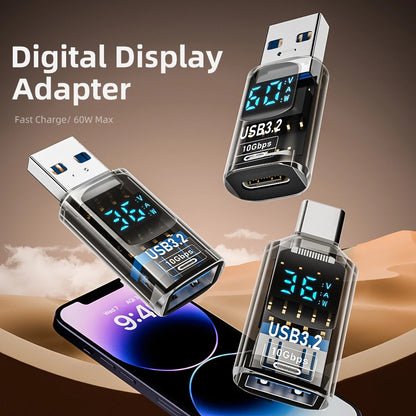 60W USB 3.2 Adapter LED Digital Display Transmission Data Converter Fast Charge Data Sync Adapter USB To Type C Charger Adapter