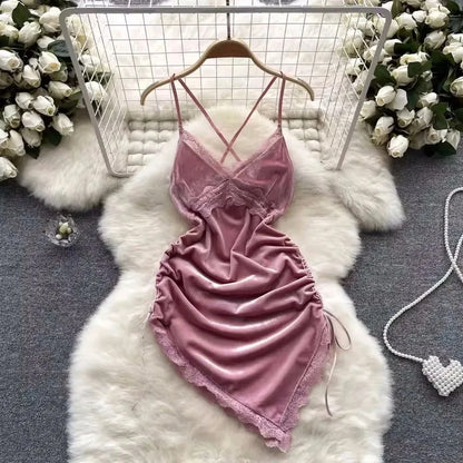 Woman Plus Size Sexy V-Neck Strap Dress Lace Trim Slim Short Dress Women Fashion Comfortable Dress Party Hotsweet
