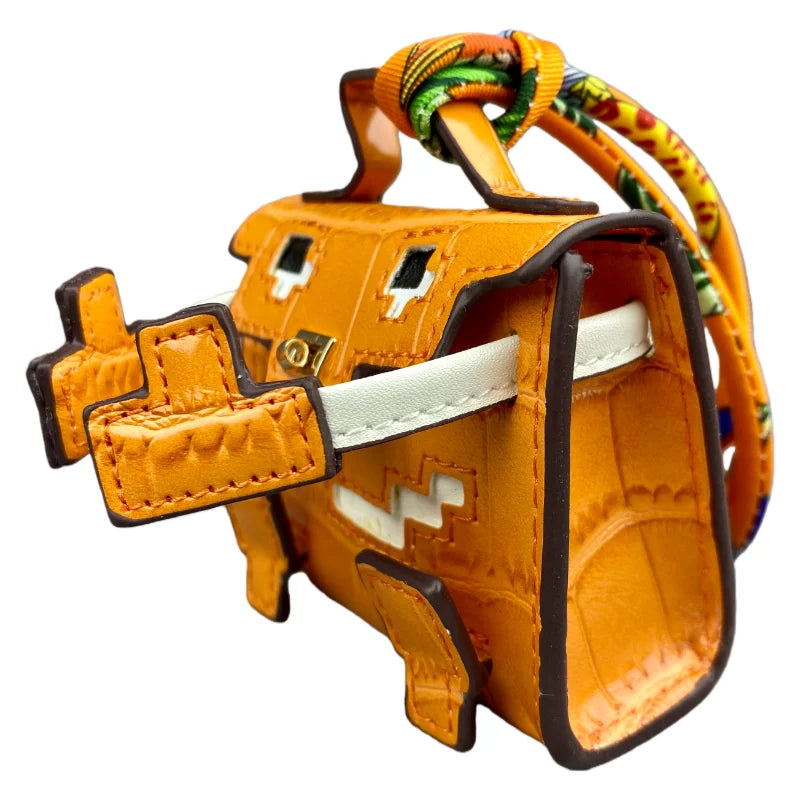 Mini Pixel Doll Bag Charm Adorable Croc-Etched PU Leather Keychain with Pouch for Earbuds & Coins Handcrafted Pastel Cutie Gift