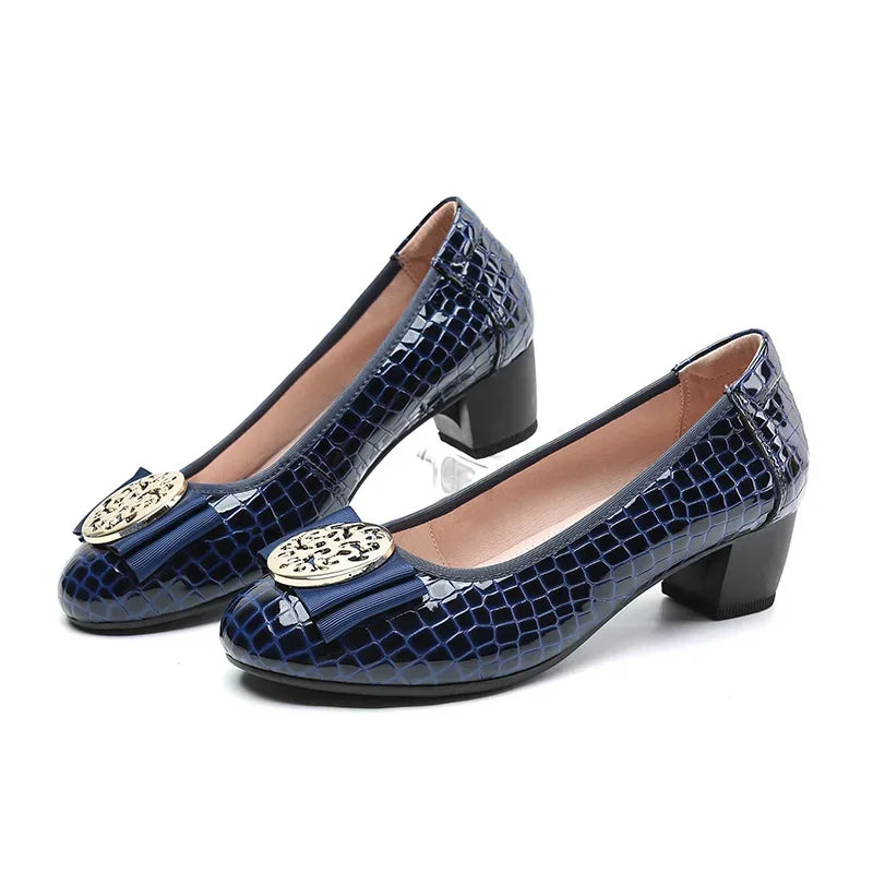 Spring and Autumn Boat Shoes Genuine Leather Soft Sole Mid-Heel Shoes Bow Heels Ladies Women Womens Round Toe Slip-on Women's 42