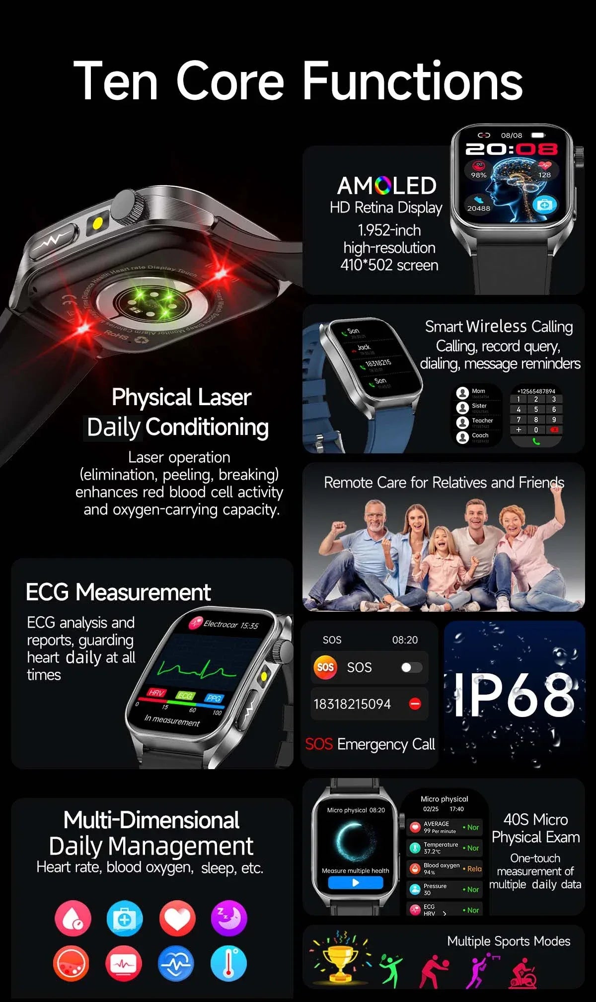 LIGE New Accurate ECG+PPG Smart Watch Laser Therapy Blood Lipid Uric Acid BP Heart Health Analysis BT Call Smartwatch Men Women