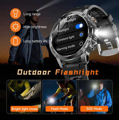 1.7" Large Screen Bluetooth Call Smart Watch Men‘s Sports Outdoor Flashlight 1000mAh Health Monitor Smartwatch for Man Male IP6