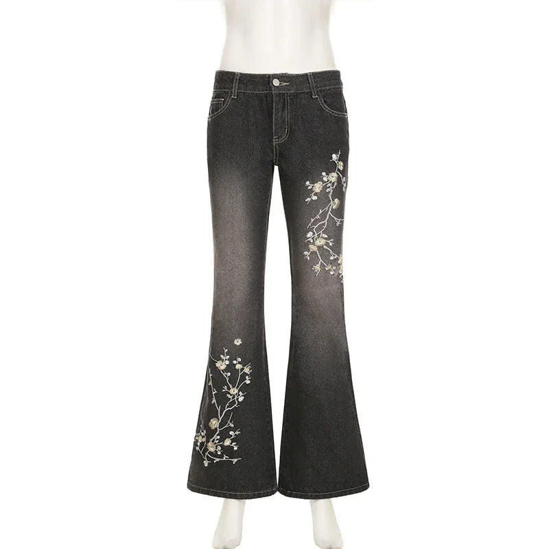 Floral Embroidery Jeans Women Y2K Streetwear Baggy Denim Pants Vintage 2000S Low Rise Flared Jeans Female High Street Trousers