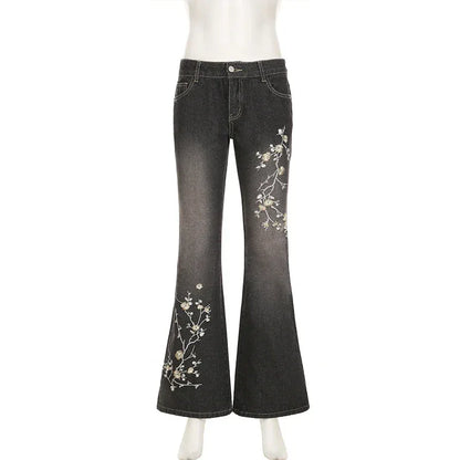 Floral Embroidery Jeans Women Y2K Streetwear Baggy Denim Pants Vintage 2000S Low Rise Flared Jeans Female High Street Trousers