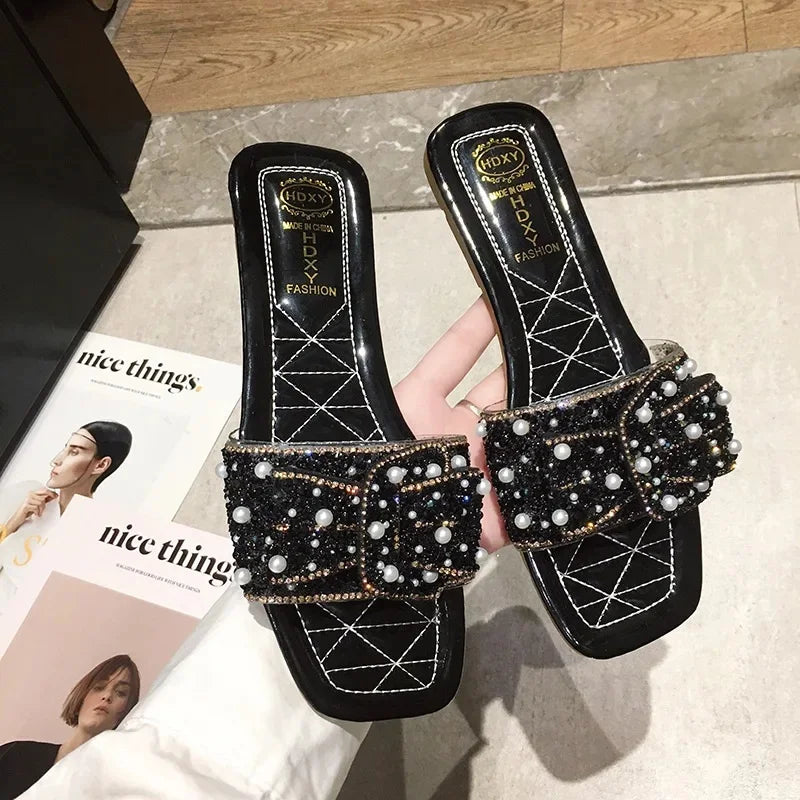 Women's Flat Head Butterfly Knot Slippers Summer New Fashion Outdoor Korean Fairy Style Sandals Polyurethane Rubber Sole