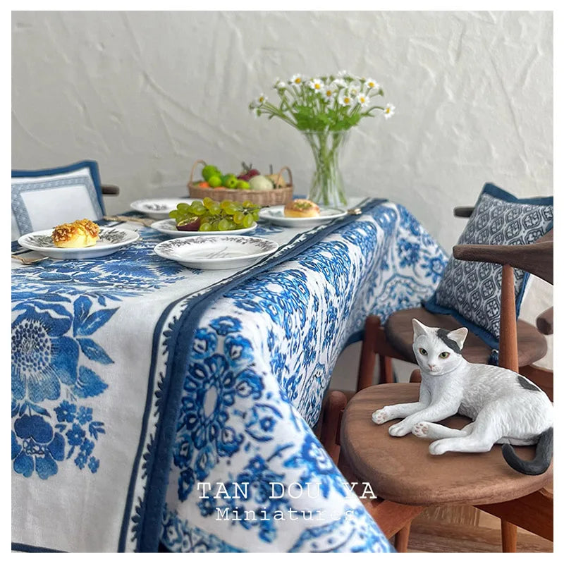 Miniature cloth blue and white porcelain tablecloth and throw pillow mini model for 1:6 bjd ob11 blythe dollhouse props Dolls ac