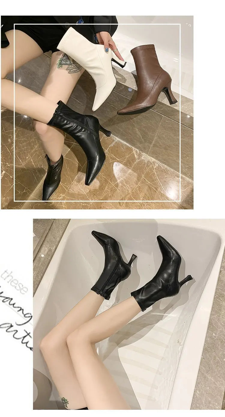 Women High Heel Short Leather Boots  New Boots Female Pointed Thin Heel Boots Ladies Ankle Short Boots Botas De Mujer 2024