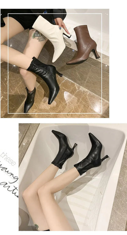 Women High Heel Short Leather Boots  New Boots Female Pointed Thin Heel Boots Ladies Ankle Short Boots Botas De Mujer 2024
