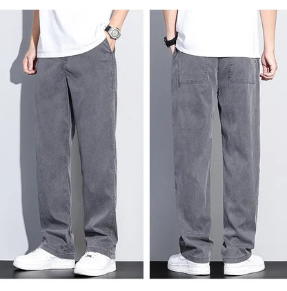 2024 Summer Jeans for Men Thin Soft Lyocell Fabric Loose Straight Wide Leg Pants Elastic Waist Casual Trousers Plus Size M-5XL
