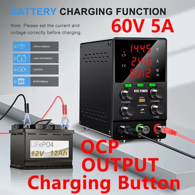 NICE POWER Adjustable DC Power Supply 12V/24V Lead-acid Battery Charging Auto-Stop When Full Reverse Polarity Protection Source