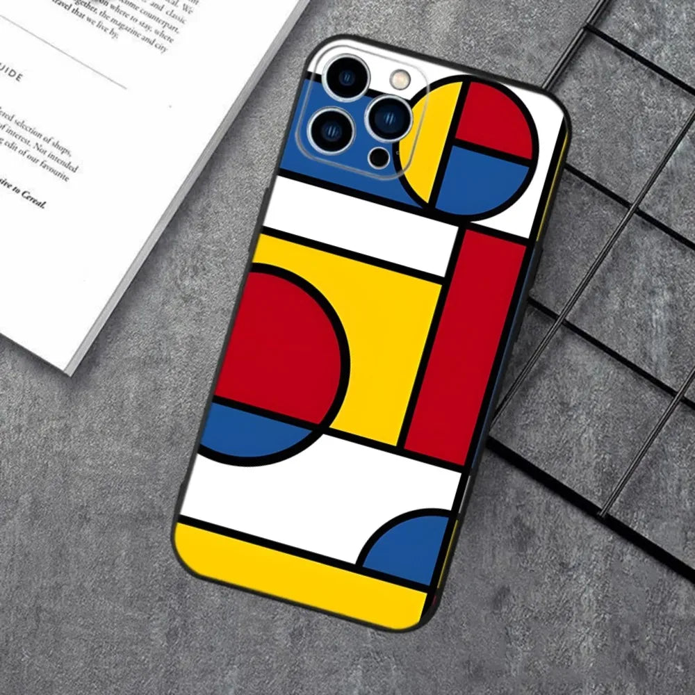 Pattern Abstract Piet Mondrian Phone Case For iPhone 16,15,14,13,12,11,XS,XR,X,8,7,Pro,Max,Plus,mini Silicone Black Cover