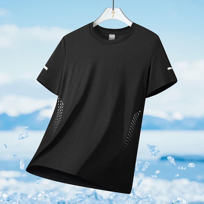Summer Mesh Sports T-Shirt Men Quick-Drying Breathable Loose Ice Silk Short Sleeves Men Jogging Hiking Round Neck Sports T-shirt