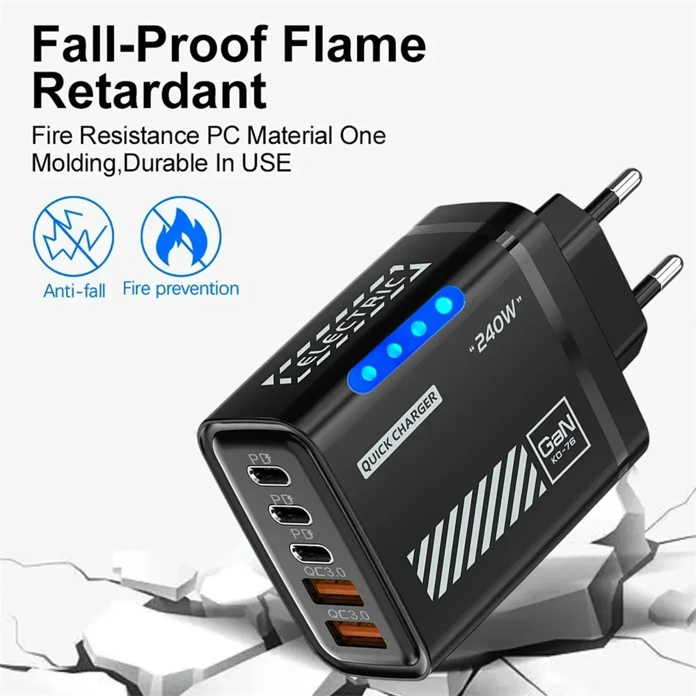 5 Port GaN USB C Charger 240W PD Fast Charging Adapter For iPhone 17 16 15 Pro Samsung Xiaomi Huawei Laptop Desktop PD Charger