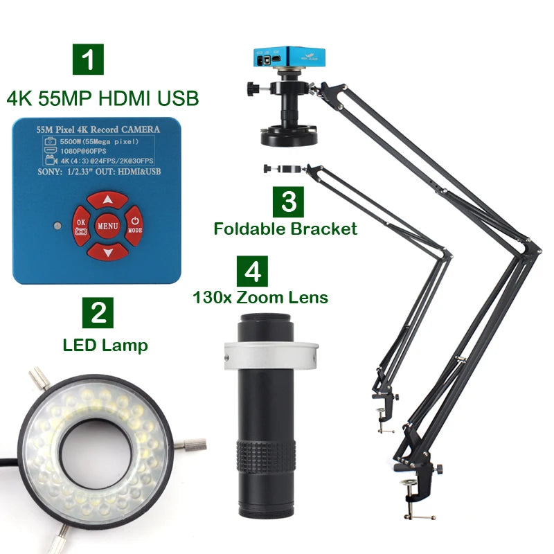 55MP 48MP 4K 1080P HDMI USB Video Microscope Camera 1-130X Infinitely Far C Mount Lens LED Light for Digital Image Acquisition