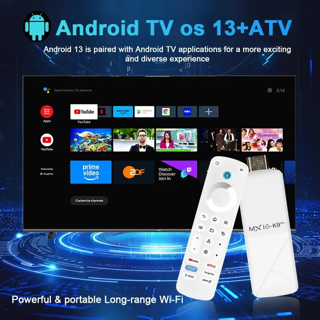 Smart TV Stick MX10 K9PRO Android 13 Dual-Band WiFi2.4G+5G BT5.0 Support Voice Control 2GB+16GB Chromecast TV Stick