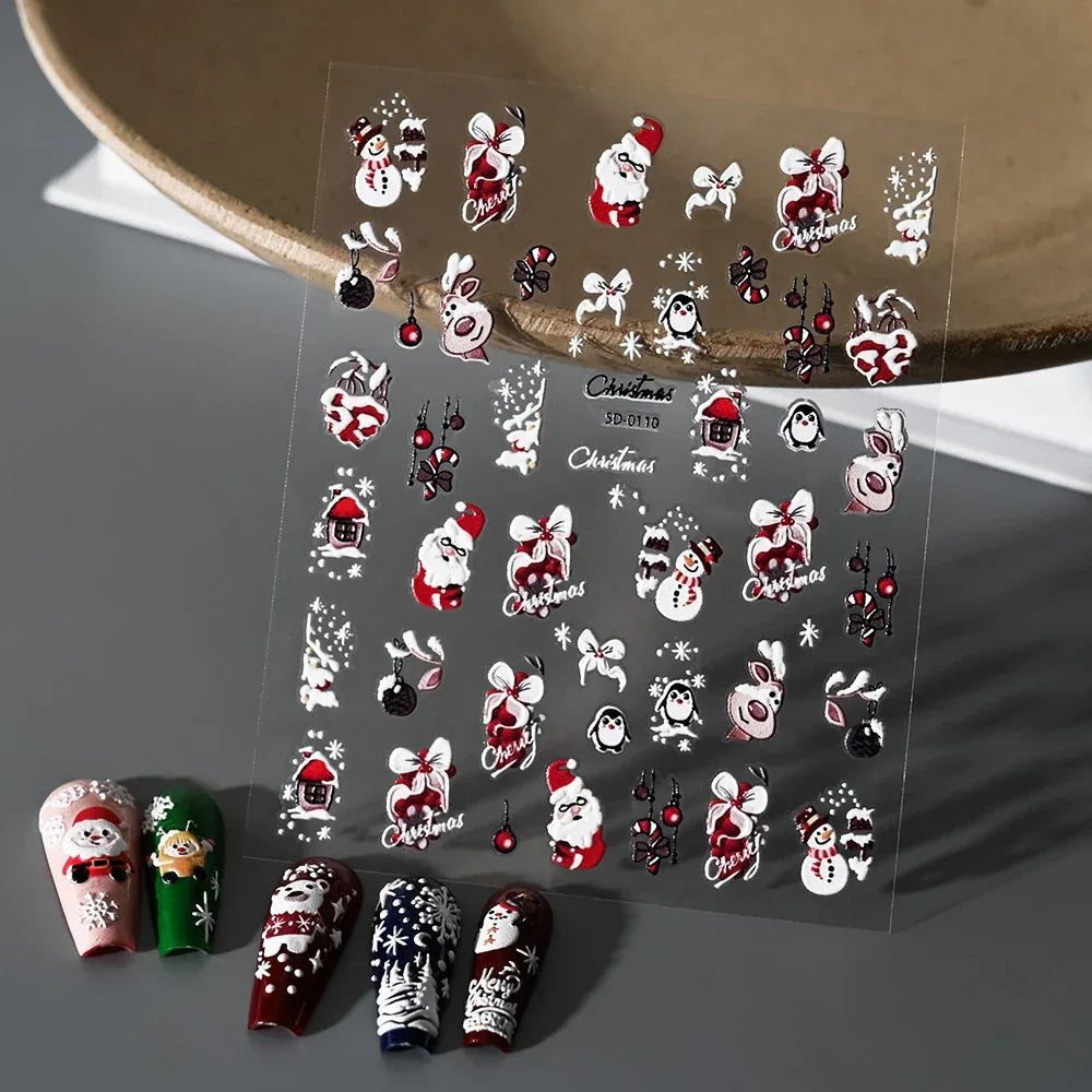 1pc Christmas Nail Art Stickers 5D Winter Holiday Themed Nail Decor Santa/Snowflakes/Christmas Trees/Gingerbread Nail Supplies *
