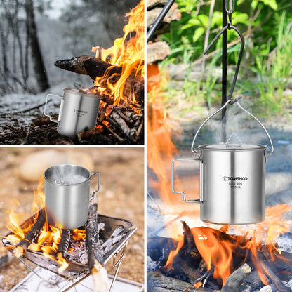 TOMSHOO 1.05L Stainless Steel Water Bottle Leak Proof Sports Bottle W 750ml Water Cup Coffee Mug Hanging Pot for Outdoor Camping