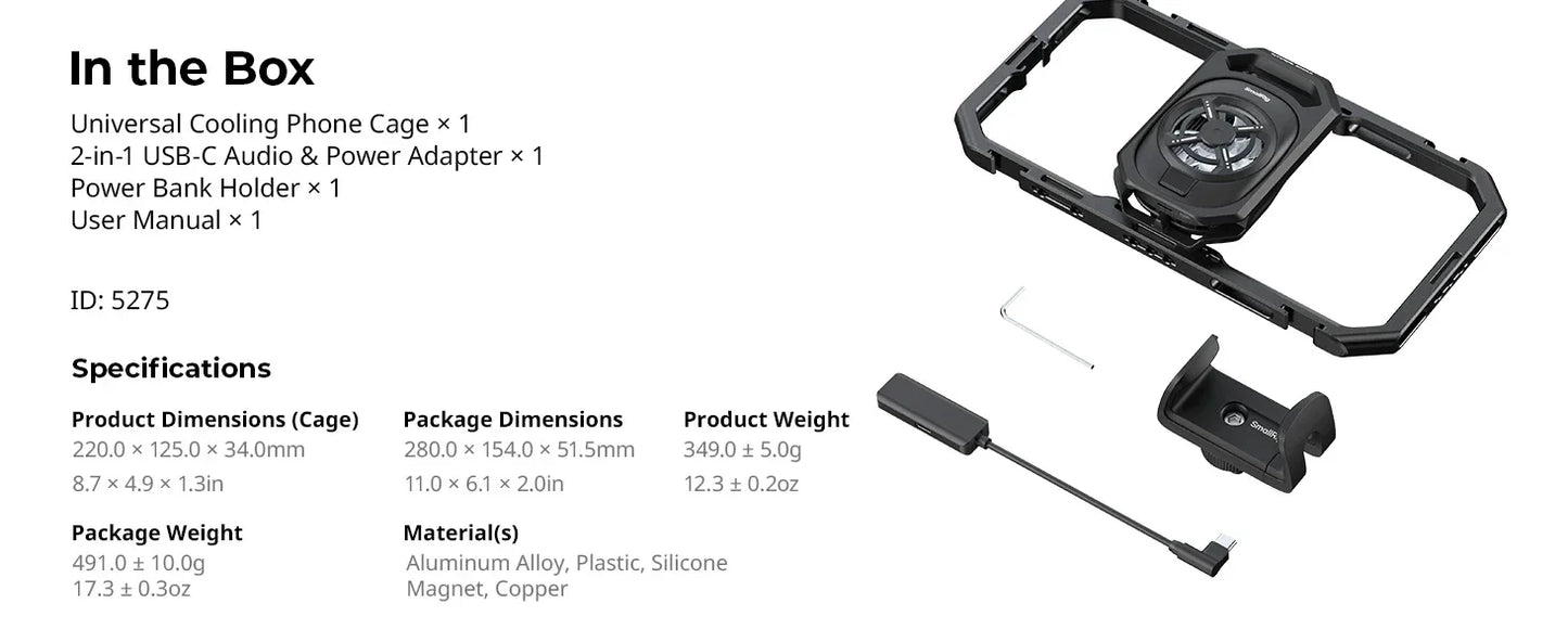SmallRig Universal Cooling Mobile Phone Cage for iPhone 17 16/Android Smartphones w 2-in-1 USB-C Audio Adapter Power Bank Holder