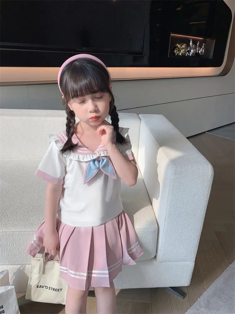 2025 autumn winter sailor T shirt blouse + jk pleated skirt toddler girls cotton teenager children  6 7 8 9 10 11 12 year