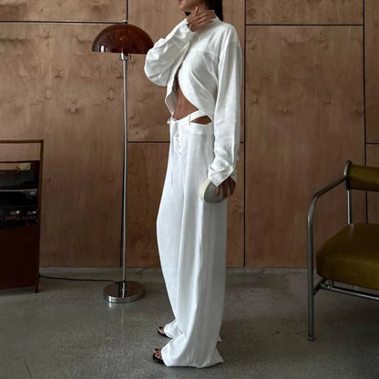 INS Loose Tracksuit Elegant Women Trousres Set Y2K Outfits Long Sleeve Irregular Blouse Top Lace Up Wide Leg Pants Two Piece Set