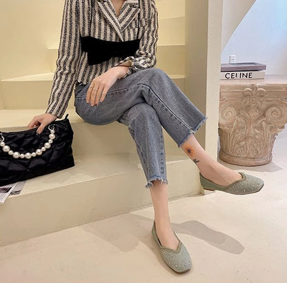 Shoes for Woman 2025 Diamond Flats Women's Summer Footwear Flat Square Toe Pink with Crystals Rhinestone Office 39 Beau Today E