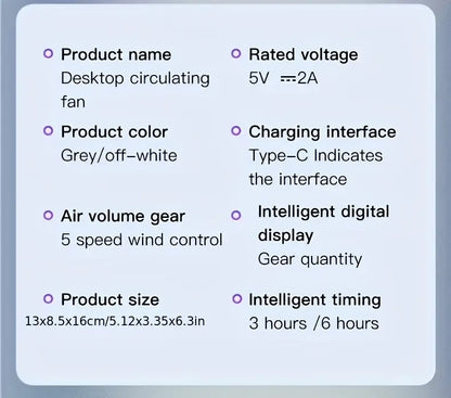 Portable Air Circulator Fan 1200mAh Desktop Rechargeable Fan 100-speed Wind Angle Adjustable for Home Outdoor Travel with Timing