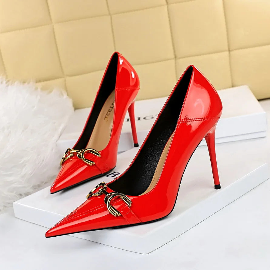 Luxury Design Women 10cm High Heels Metal Buckle Green Pumps Lady Plus Size Wedding Stiletto Heels Party Nude Replica Prom Shoes