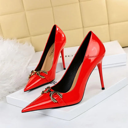 Luxury Design Women 10cm High Heels Metal Buckle Green Pumps Lady Plus Size Wedding Stiletto Heels Party Nude Replica Prom Shoes
