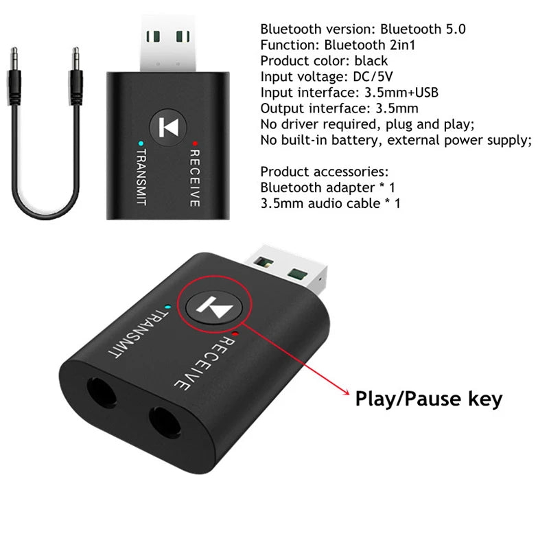 GRWIBEOU 2 IN1 USB wireless Bluetooth adapter 5.0 suitable for computer TV laptop computer speakers earphones Bluetooth adapter
