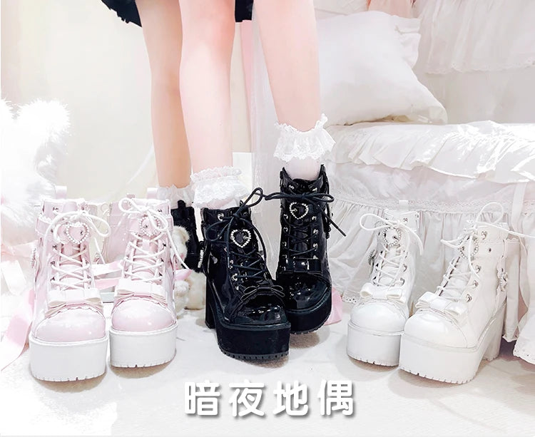 Japanese Mine Lolita Short Boots for Women Mass Production Love Rhinestone Buckle Bow Round Head Platform Boots Sweet Shoes