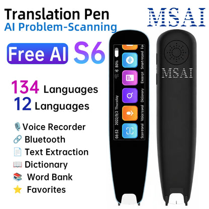 MSAI S6-AI Free AI Scan Translator Pen 12 Languages Scan to Text 134 Online Voice Translation Vocabulary Library for Student