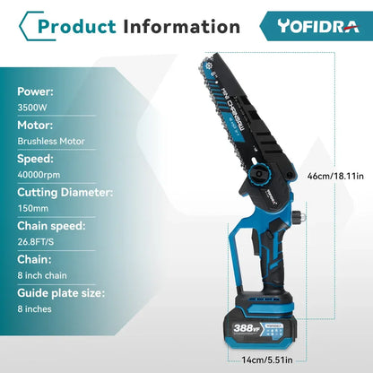 YOFIDRA 3500W 8 Inch Brushless Electric Chainsaw Cordless Electric Cutting Pruning Chain Saw Garden Tool For Makita Battery Pin