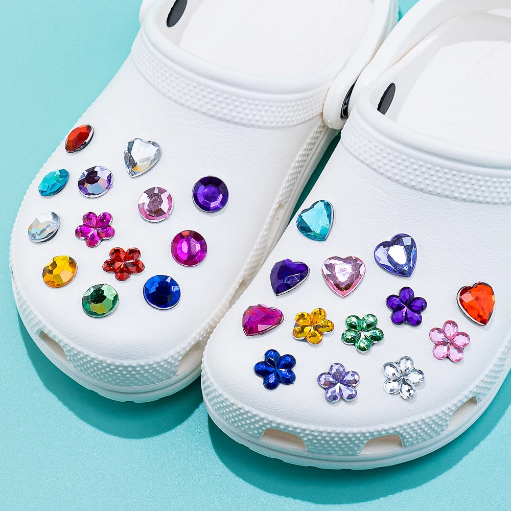 1PCS Bling Crystal PVC Shoe Charms Flower Heart Shaped Gem DIY Accessories Shoe Decorations Charms Transparent Diamond