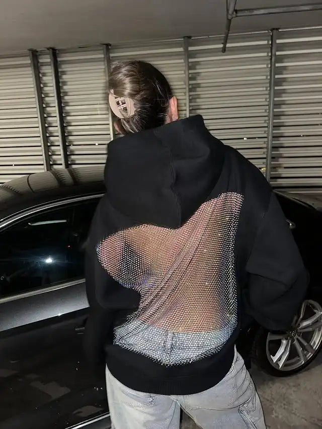 Russias Hot Selling Sexy Backless Sparkling Rhinestone Mesh Hoodie Y2K Womens Harajuku Fashion Oversized Hoodie Pullover Tops