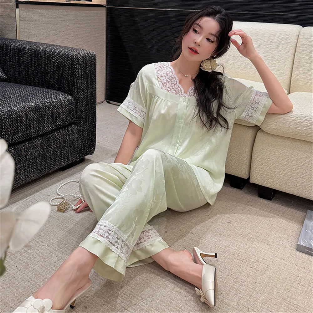 Pajamas Sets for Women Sexy Lace V-Neck Satin Patchwork Pijama Sets Sleepwear Female Ice Silk Pyjamas Home Clothing