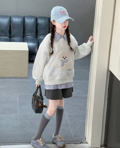 Sweatshirt Girls' 2025 New Faux Two-Piece Polo Hoodie Spring/Autumn Kids Medium-Large Loose Fit Cartoon Puppy Top