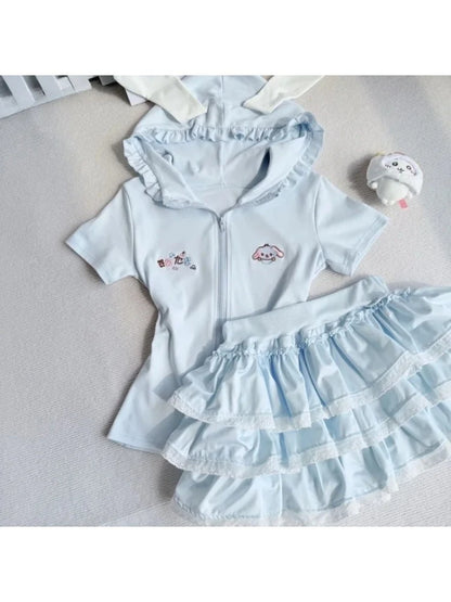 Japanese Kawaii Lolita 2-Pieces Set Women Sweet Rabbit Ear Zipper Hooded Tops + Cute Cake Mini Skirt Harajuku Y2k Outfits Summer