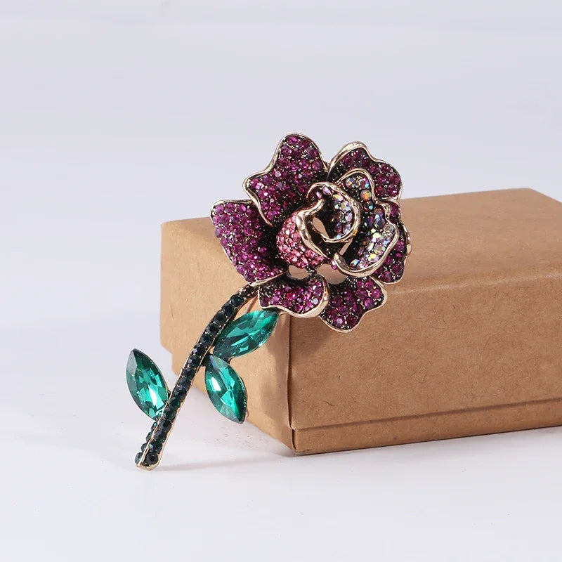 Valentine's Day Enamel Rose Brooches for Women Rhinestone Plant Flower Pins Banquet Party Backpack Gifts Jewelry Accessories