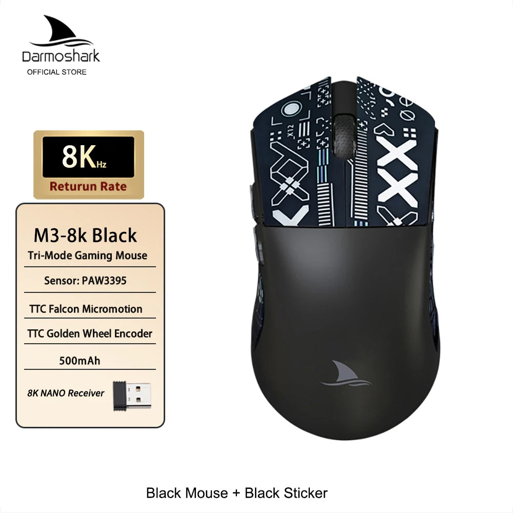 Darmoshark M3 Gaming Mouse Dual Mode 8K Wireless Tri-Mode PAW3395 Big Hand Macro Game Mouse 26000 DPI Lightweight Mice