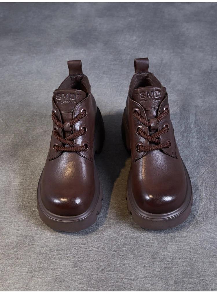 DRKANOL Luxury Design Genuine Leather Ankle Boots For Women Platform Casual Short Boots Women Winter Thick High Heel Warm Shoes