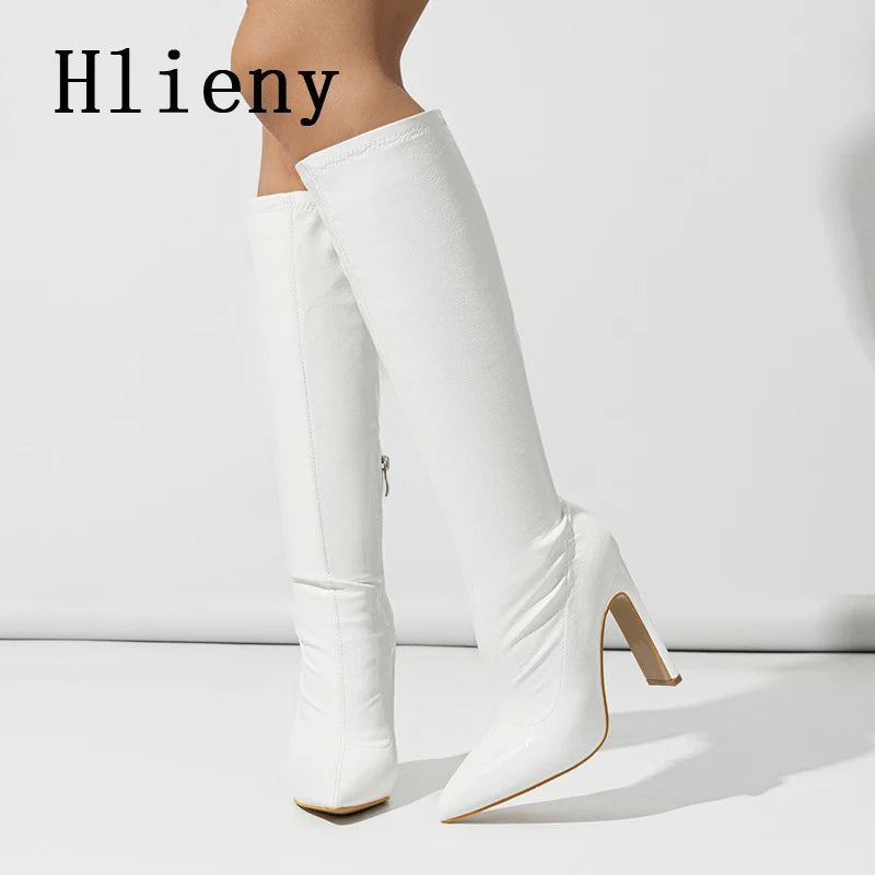 Hlieny Autumn Winter Fashion Women Knee High Motorcycle Boots Sexy Pointed Toe Square Heels Long Zipper Female Botas Shoes