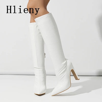 Hlieny Autumn Winter Fashion Women Knee High Motorcycle Boots Sexy Pointed Toe Square Heels Long Zipper Female Botas Shoes