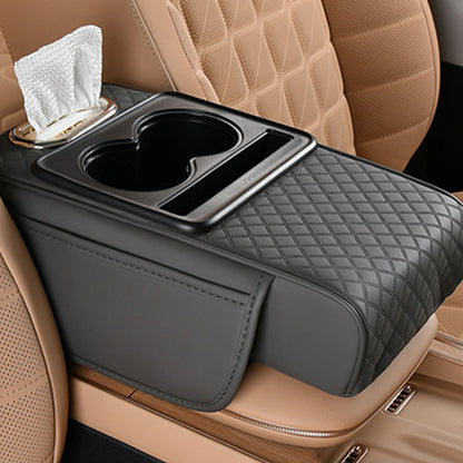 Car Armrest Box Heightening Cushion With Cup Holder Tissue Box Side Storage Pocket For Auto Interior Arm Rest Cover Height Pad
