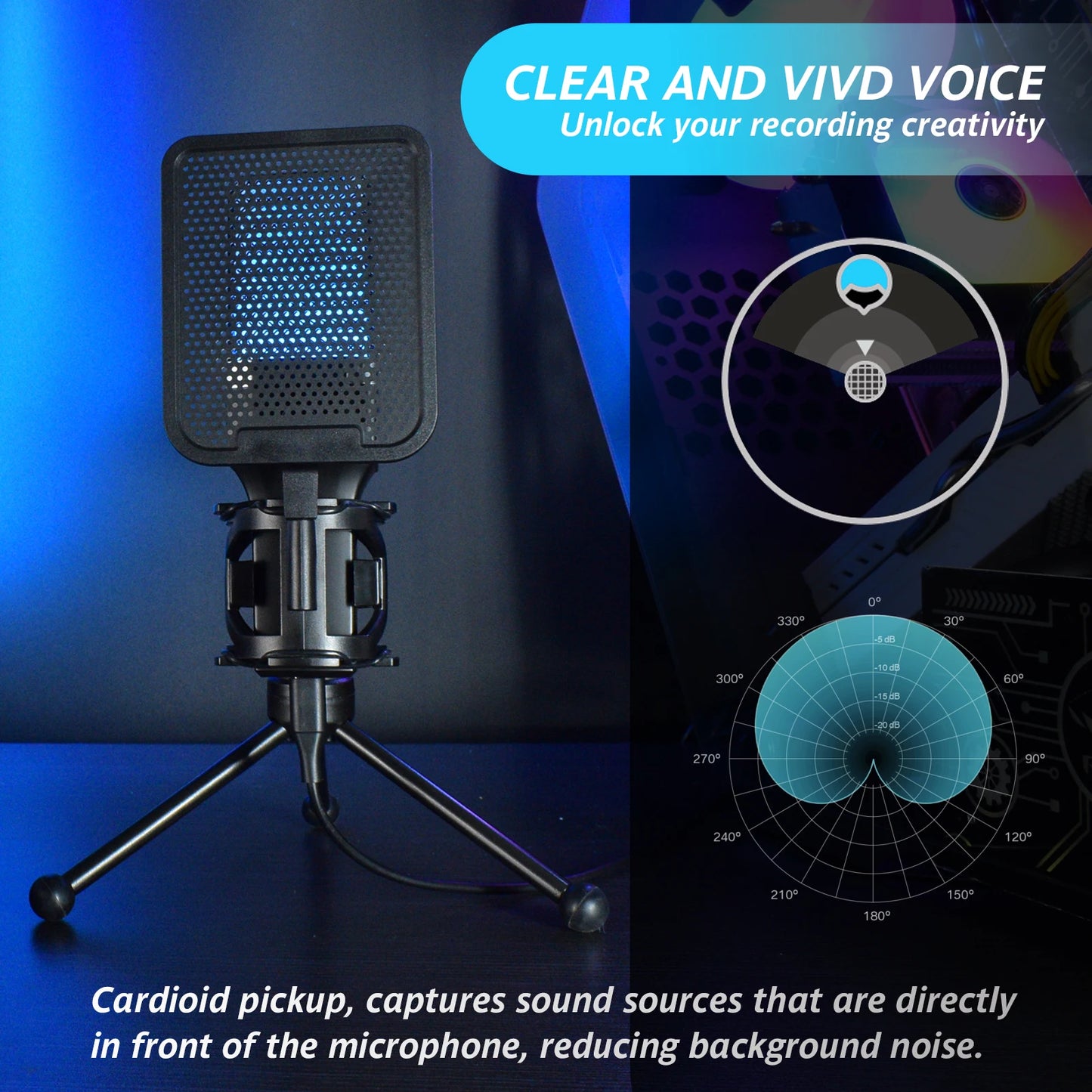 Professional Microphone Condenser Gaming Mic PC Laptop Computer USB Wired Streaming Studio Podcast Mike Kit Gamer RGB PC Karaoke